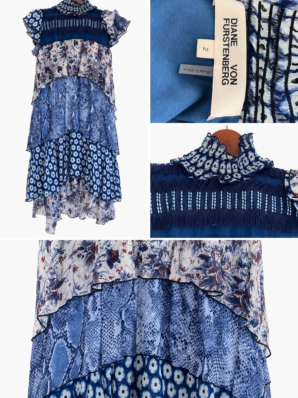 Diane Von Furstenberg Blue Mixed-Print Tiered Ruffle Tunic